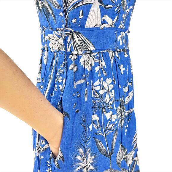 J. CREW 100% Linen Ratti Tropical Toile Blue/White Floral Midi Tea Dress Size 4 - Picture 3 of 10